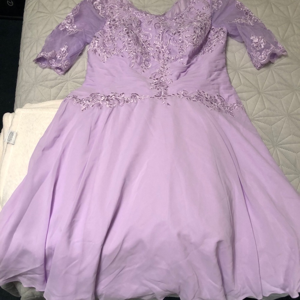 Tea Length Lilac Chiffon Overlay Dress